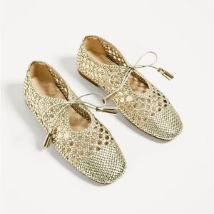 Zara Golden Braided Blucher Mary Jane Ballet Flats Size 39